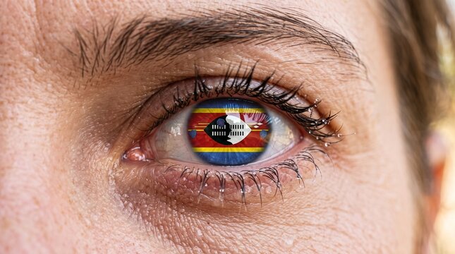 A close-up of a human eye with the flag of Eswatini visible in the iris, symbolizing national identity and vision.