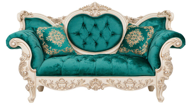 Isolated ornate classic emerald green velvet two-seater sofa with carved frame and gold pillows