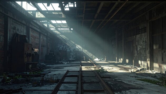 Atmospheric abandoned factory interior with sunbeams illuminating dusty machinery and railway tracks.