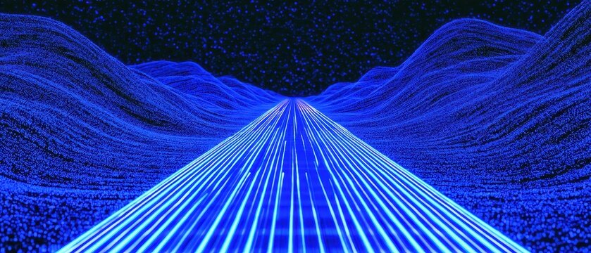 Abstract digital landscape with glowing blue light lines and futuristic data terrain.