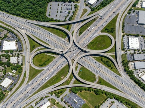 Aerial view of a complex cloverleaf highway interchange with heavy traffic flow.
