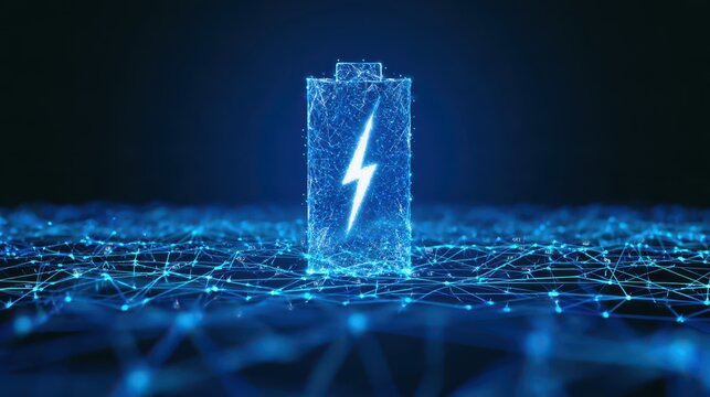 Digital battery icon with lightning bolt symbol representing energy and power technology.