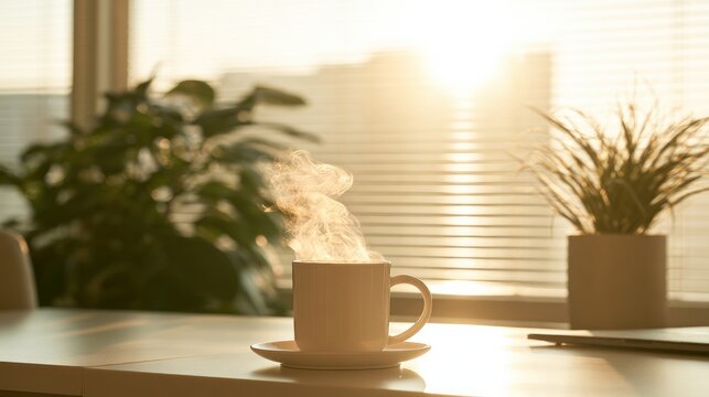Steaming mug of coffee on desk at workplace