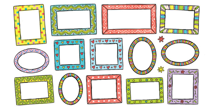 Set of colorful hand drawn photo frames with various patterns and shapes for creative design