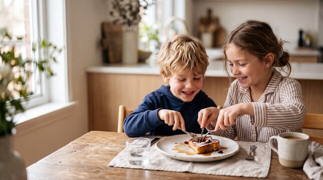 Joyful siblings enjoy a delicious French toast breakfast together on National French Toast Day