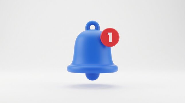 Blue notification bell 3d icon with red alert badge floating on white background for user interface.
