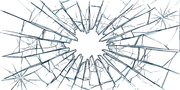 Broken glass texture with cracks and shattered pieces in a radial pattern design