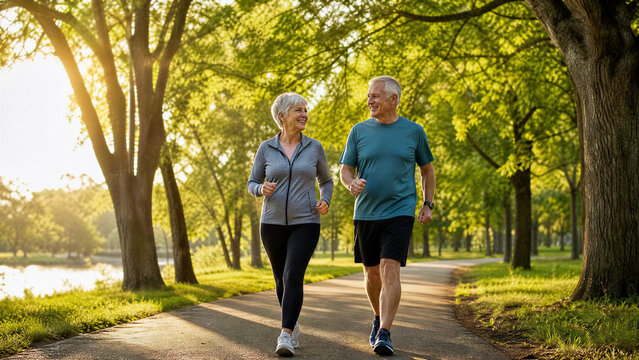 Active senior couple jogging in sunny park. Mature man and woman running on path for fitness. Healthy elderly lifestyle in nature.
