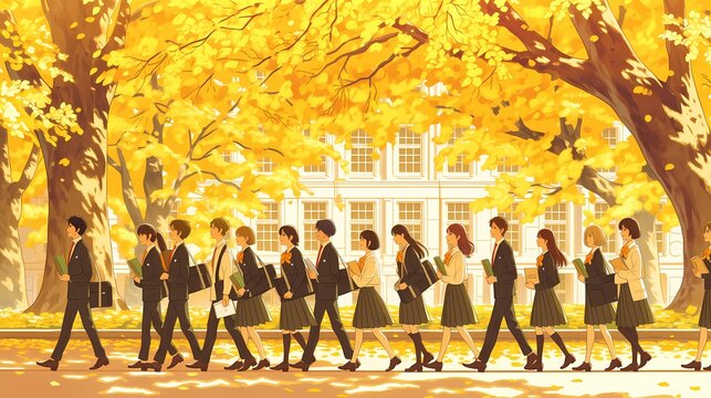 黄葉のイチョウ並木を歩く制服の学生たち、校舎を背にした秋の登下校