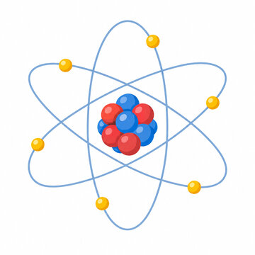 Atom structure diagram with nucleus of protons and neutrons and electrons in orbits