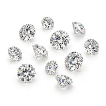 Group of brilliant cut diamonds scattered on a white surface with soft contact shadows