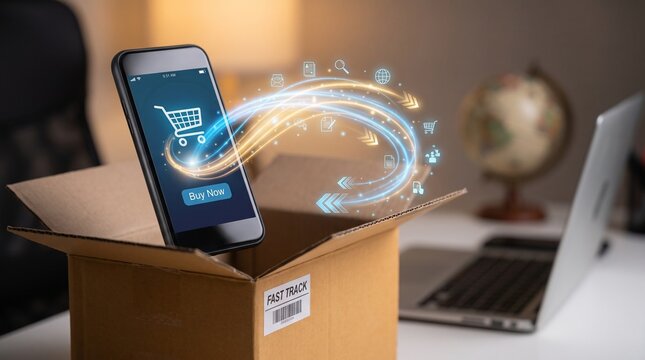 Smartphone ordering interface with glowing digital icons linking to a &ldquo;Fast Delivery&rdquo; box in cozy living room, symbolizing modern e‑commerce, logistics, and instant connectivity&hellip;