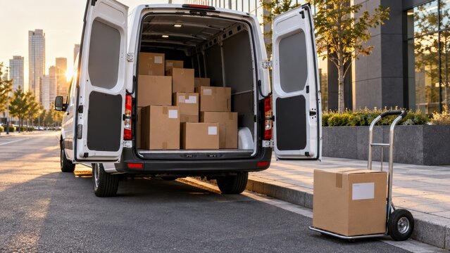Van with open doors shows many boxes for delivery on a city street in daylight