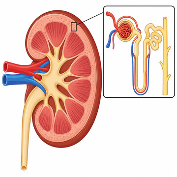 Human kidney cross section diagram with cortex medulla and a nephron detail
