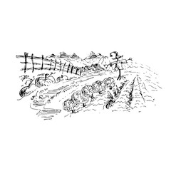 Obraz premium Rural landscape, a black-and-white drawing of fields and hills.