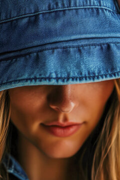 A woman wearing a denim hat and holding her hair back with her hands. vertical frame