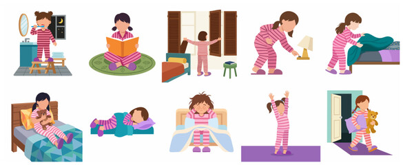 Fototapeta premium Collection of illustrations depicting a young girl's daily morning and bedtime routine activities in pink pajamas