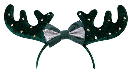 Isolated green velvet reindeer antlers headband with sparkling silver bow, festive accessory © Vincent