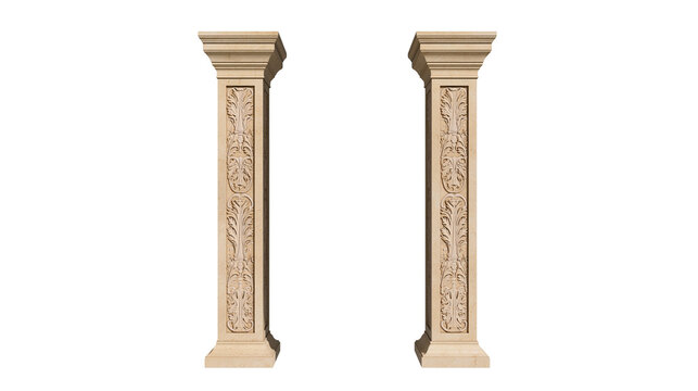 Isolated pair of ornate architectural stone pedestals with intricate carved acanthus leaf scrollwork details