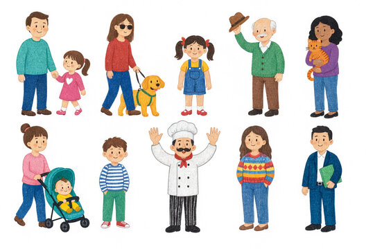 Diverse group of cartoon characters including a chef and families  