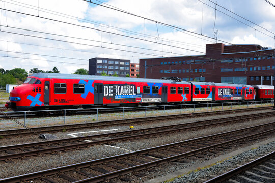Amersfoort, The Netherlands - July 20th, 2026 - Former Mat'64 train painted red for Karel Foundation to raise money for cancer research