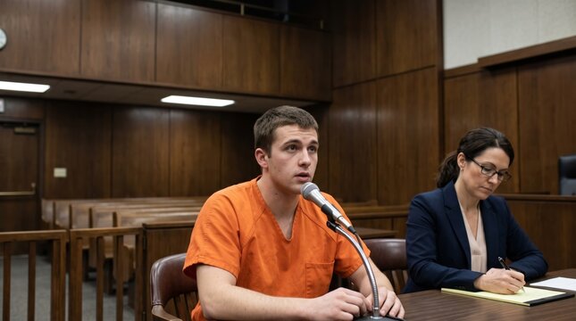 Young male defendant in orange prison uniform speaking into a microphone during a courtroom hearing with attorney