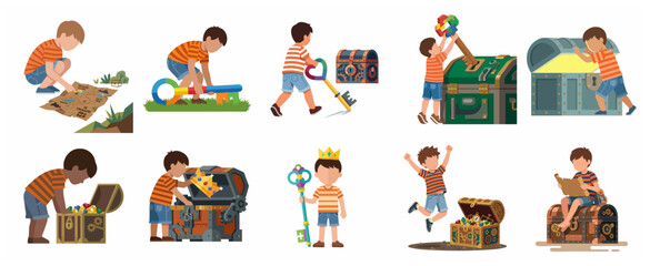 Fototapeta premium Set of illustrations depicting a young boy on a treasure hunt adventure with maps, giant keys, and chests filled with gold and jewels.