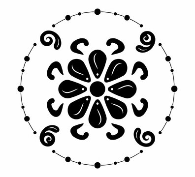 Decorative black floral mandala pattern with swirling elements and circular frame transparent background