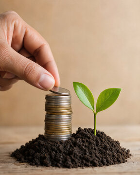 Financial growth concept with hand stacking coins on soil. Green plant sprout growing next to money. Sustainable investment and savings.