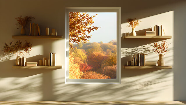 Minimalist interior wall with wooden shelves, autumn forest view through window, warm golden hour sunlight and shadows
