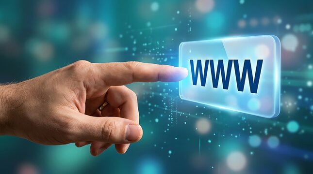 Hand pressing a glowing digital WWW button for internet access and web browsing concept.