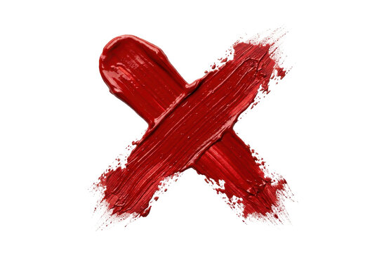 Bright red acrylic paint stroke shaped like an X on dark background