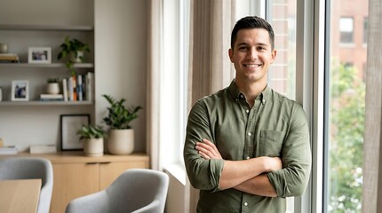 Fototapeta premium Smiling young man standing with arms crossed in a bright modern home office interior.