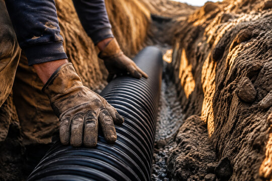 Construction worker installing a corrugated drainage pipe in a dirt trench for surface water control.