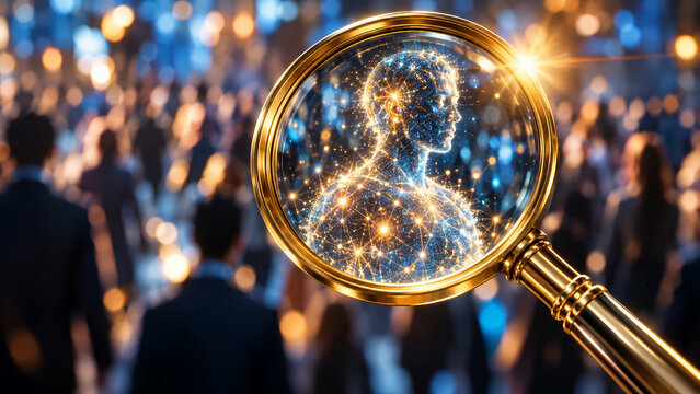 A magnifying glass reveals a sparkling digital human silhouette against a blurred crowd.