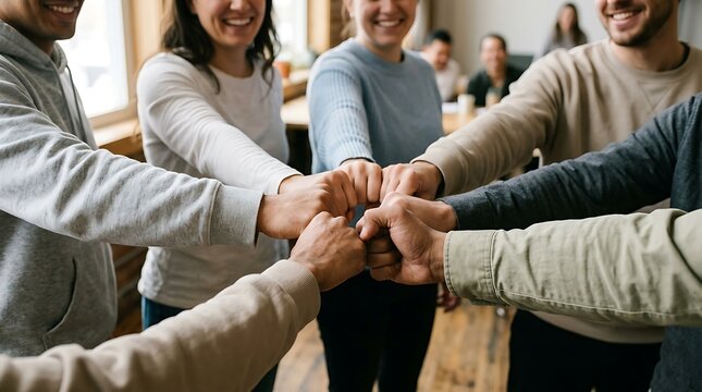 Diverse group of people joining hands in a fist bump circle for teamwork and unity
