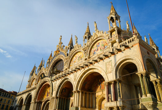 Venice, Italy, 08-06-2026 San Marco Cathedrale facade with paintings and sculptures