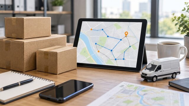 Logistics planning with packages, a tablet showing a delivery route, and a coffee cup on a desk