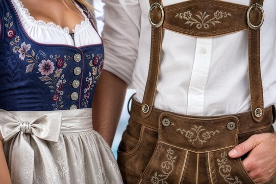 Luxury close-up combining contemporary dirndl and lederhosen details for a premium Oktoberfest fashion concept.