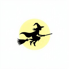 Fototapeta premium Black silhouette of a witch flying on a broomstick against a full moon
