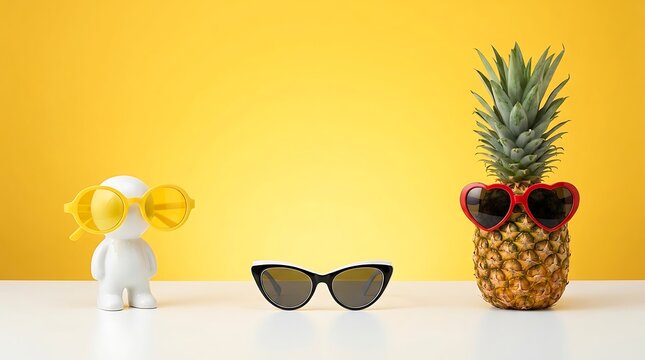 Pineapple wearing heart sunglasses next to a small figurine on a yellow background