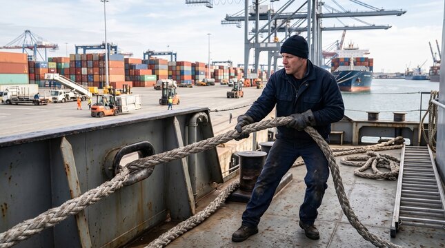 Cargo handler fastening goods on a vessel at a bustling shipping terminal