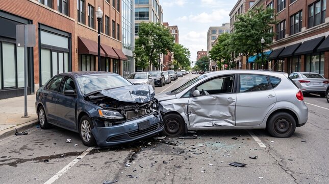 Car collision on city street two vehicles after a traffic accident