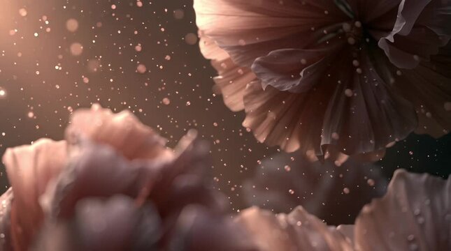  Abstract macro botanical motion background with giant flowers blooming and folding in slow synchronized movement, drifting pollen and dew under warm atmospheric light.
