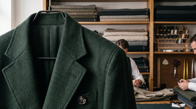 Tailored green jacket displayed in a custom tailoring workshop