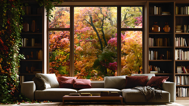 Cozy home library with autumn forest view, warm interior living room with bookshelves, dark wood study with fall foliage window