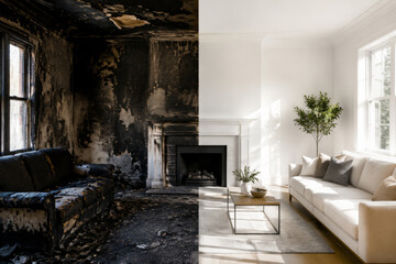 Obraz premium Living room showing fire and smoke damage with soot stains and peeling paint on walls