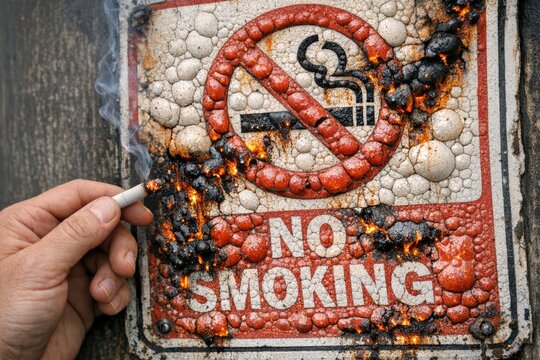 A person holds a cigarette near a no smoking sign, providing an ironic contrast
