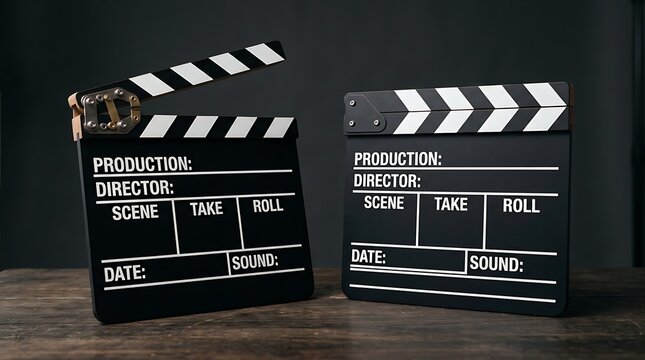 Two film clapperboards on wooden table for movie production and cinema industry projects