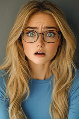 Obraz premium A woman wearing glasses and showing surprise on her face. vertical frame